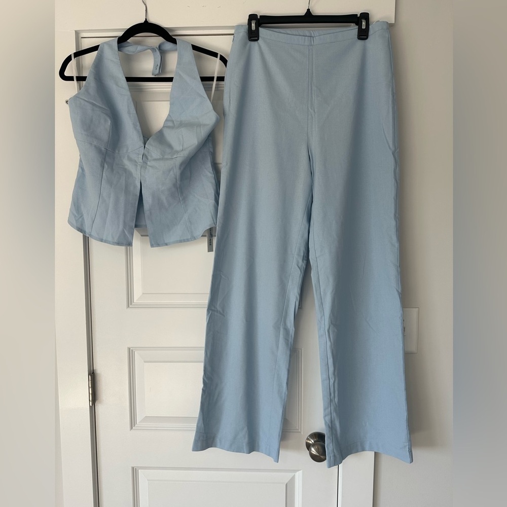 Commense Linen Blend Light Blue Two Piece Set - Picture 3 of 9